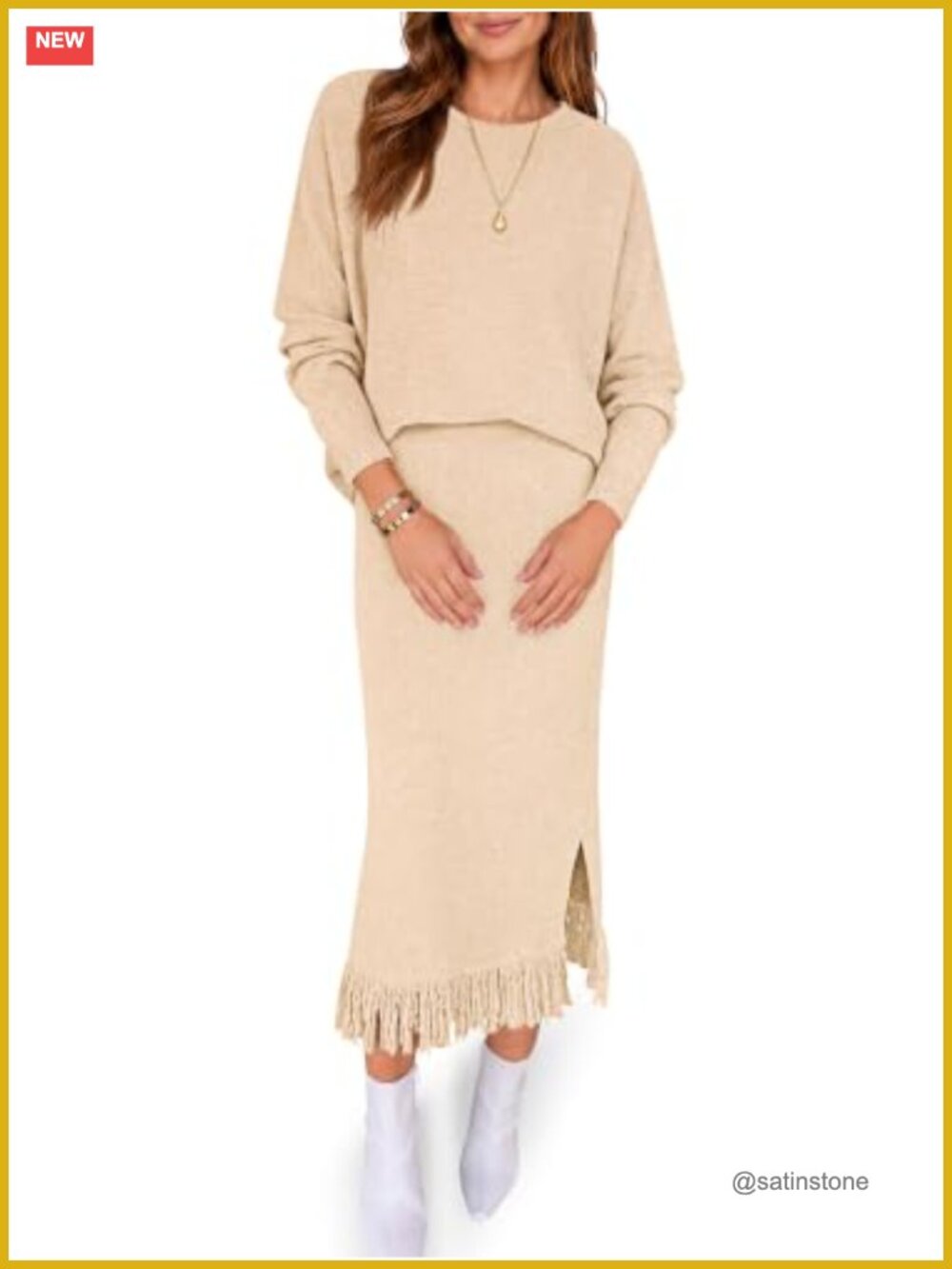 Women's 2 Piece Knit Skirt Set Fringe Side Slit Sweater Set